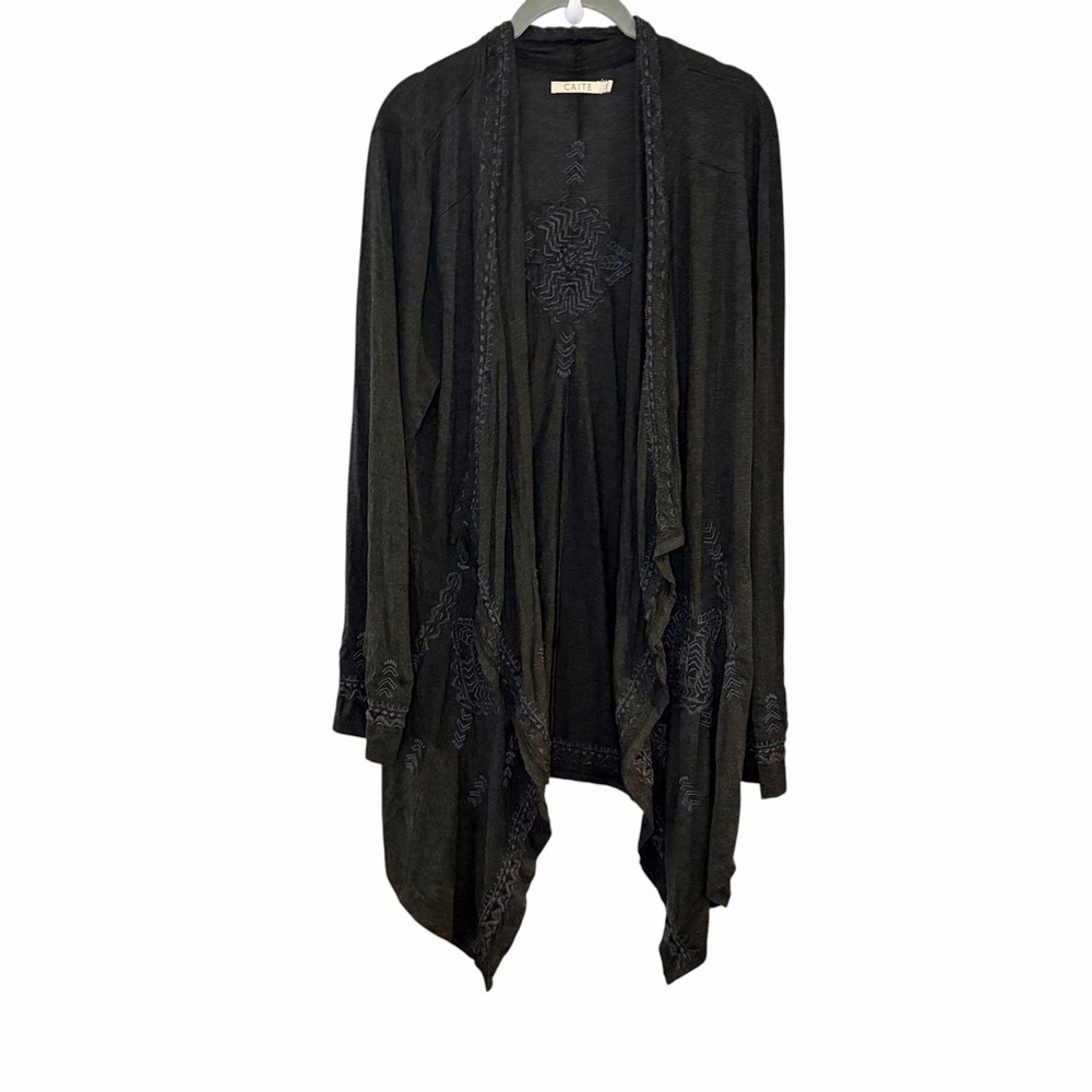 CAITE Tribal Embroidered Open Front Cardigan Sweater Boho Festival Gray Stretchy